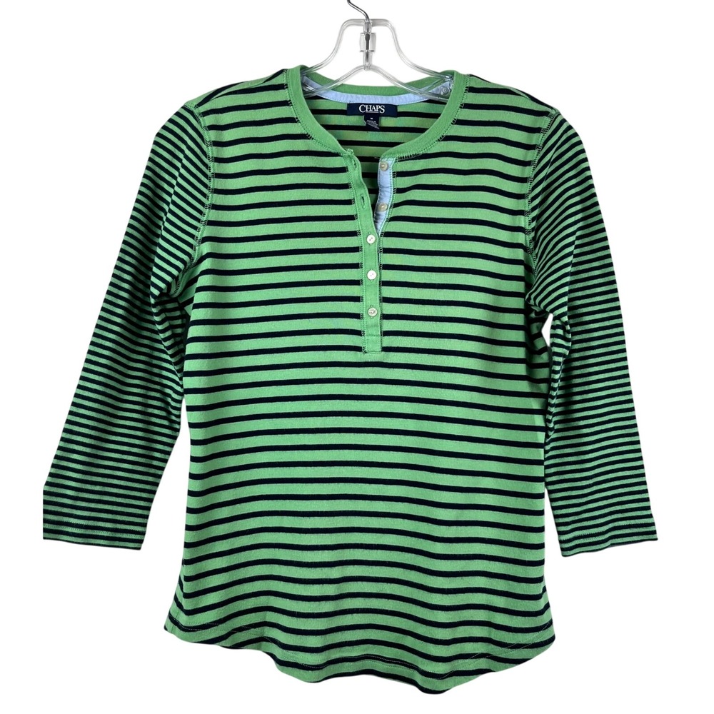 Chaps Ralph Lauren Green Navy Striped Henley Top Medium Y2K Preppy